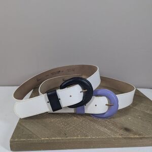 Vintage 80s 90s Leather Belt Set White Colorblock Round Buckle Size M 30–34"